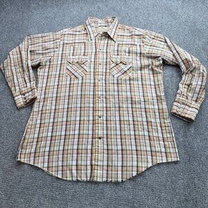 VTG 70s Dee Cee Western Shirt Mens 17-34 Brown Plaid Pearl Snap Distressed USA